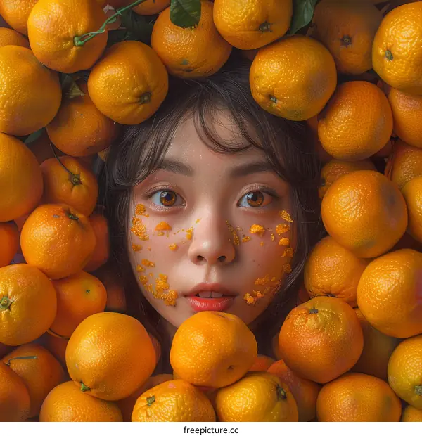 Asian Woman Surrounded by Fresh Oranges