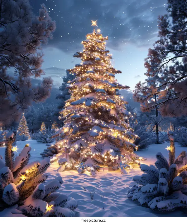 Snowy Christmas Tree in a Winter Forest