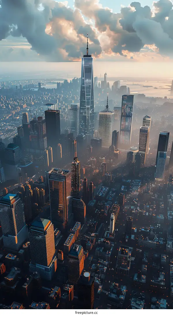Aerial View of New York City Skyline with Skyscrapers