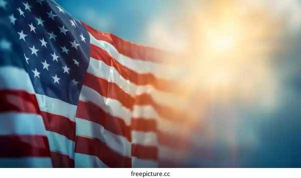 Close up of the American flag waving in the wind against a bright blue sky with a sunburst in the background