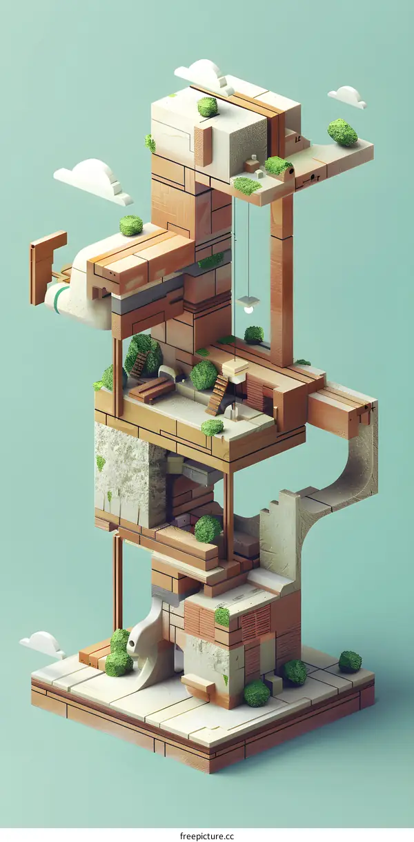 Abstract 3D Illustration of a Building with Green Bushes and Clouds