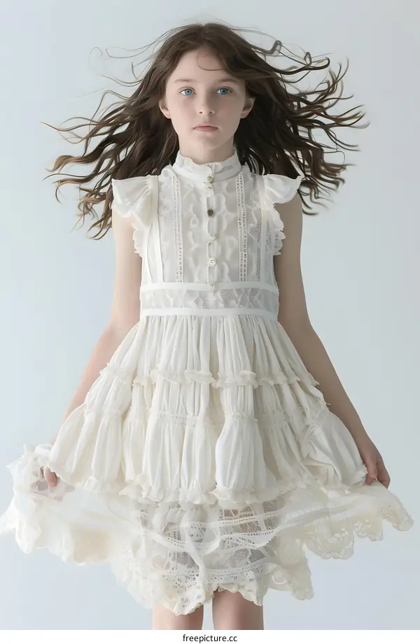 Girl in White Lace Dress with Flowing Hair