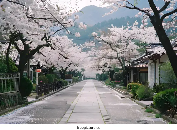Cherry blossoms line a street in Japan