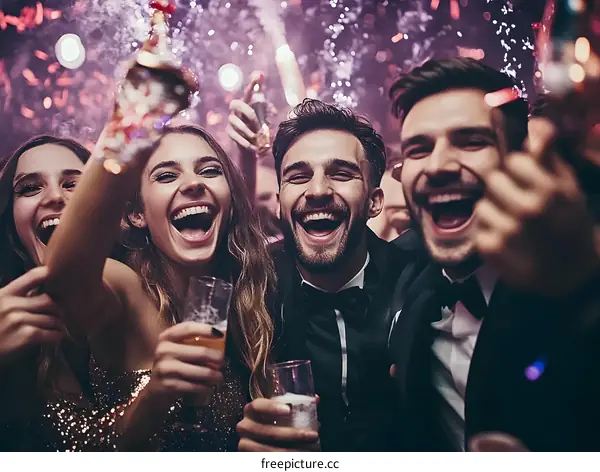 Friends Celebrate New Year Eve With Sparklers And Champagne