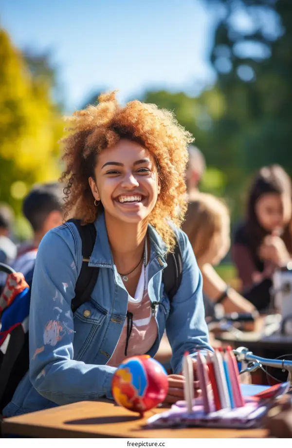 Smiling young woman with curly hair sitting at a table outdoors