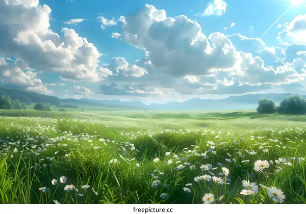 A field of white daisies in full bloom at the foot of a mountain