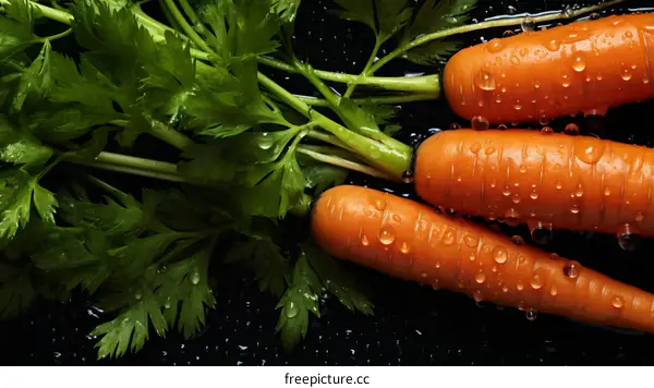 Fresh organic carrots with green leaves on a black background