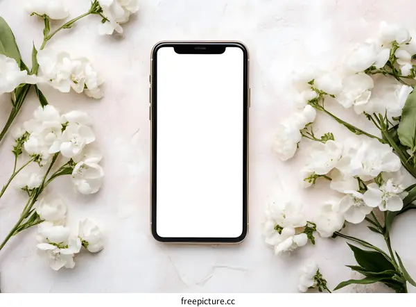 White Flowers Around Phone Mockup