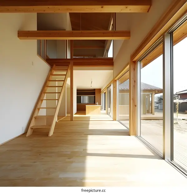 Modern Wooden House Interior Design With Wooden Stairs And Large Windows