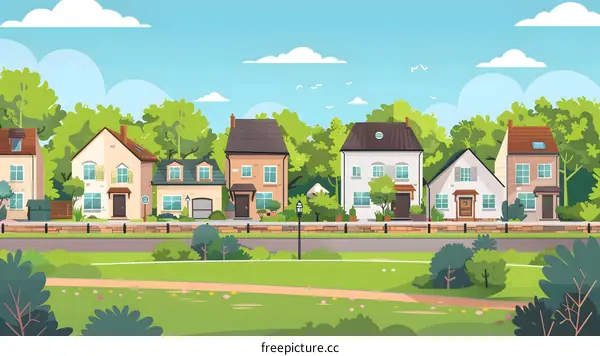 Cartoon Illustration of Houses in a Suburb