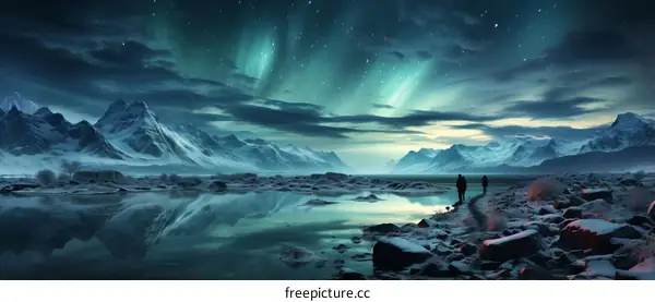 Aurora borealis landscape with mountains and lake