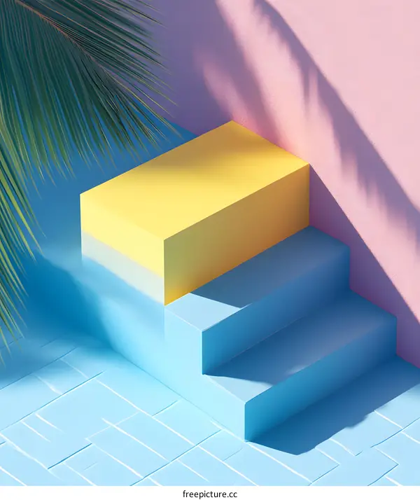 Abstract Minimalist Yellow and Blue Steps with Palm Leaf Shadow