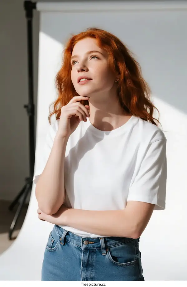 Young woman with red hair wearing white t-shirt and blue jeans