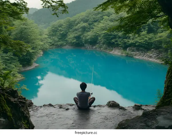 Man Fishing on a Cliff Overlooking a Blue Lake in Japan