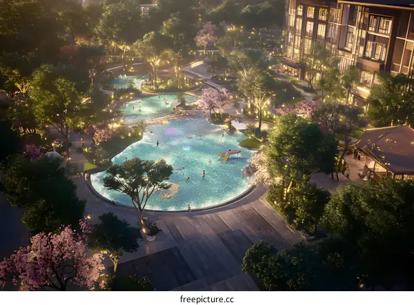 Aerial View of a Swimming Pool with People Surrounded by Trees at Night