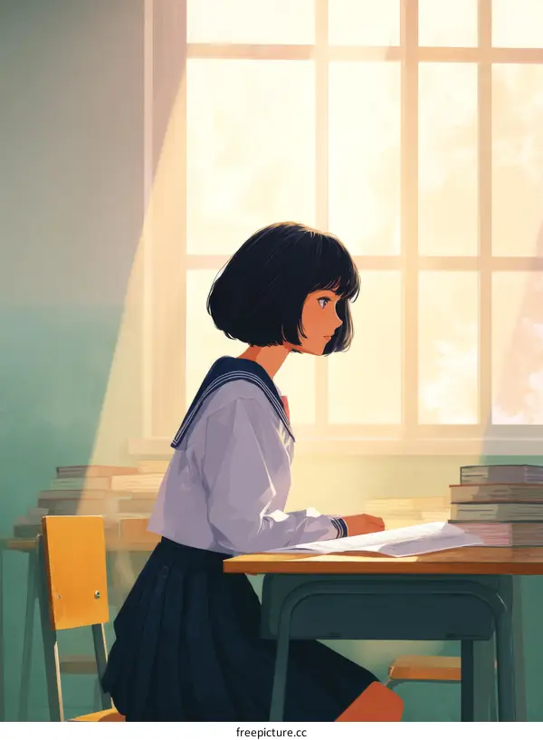Girl Studying at a School Desk in a Classroom