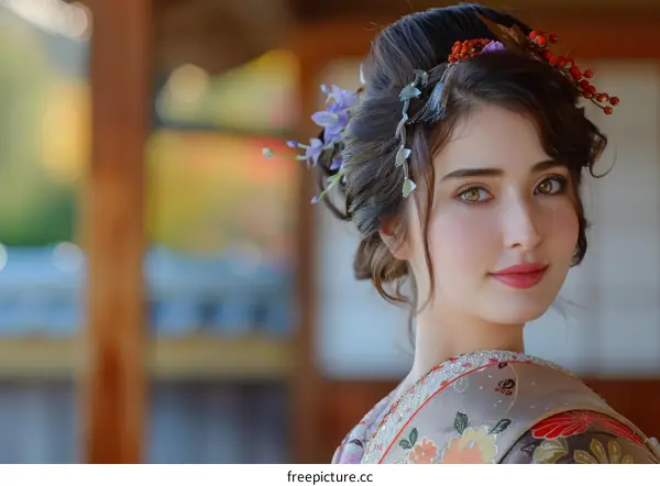 Portrait of a beautiful Japanese woman in traditional kimono