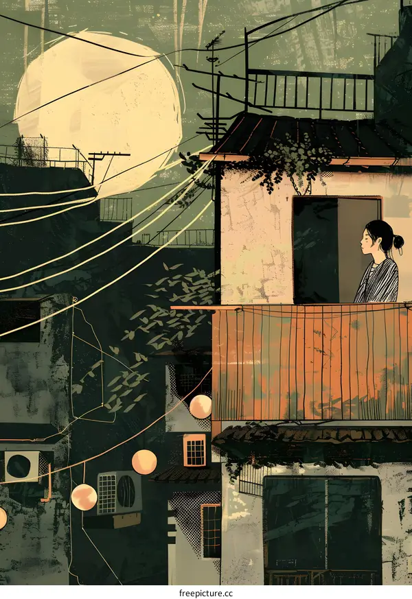 Woman Standing on Balcony at Night Looking at the Moon