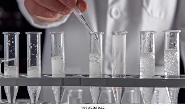Close-up of a scientist carefully dropping a liquid from a dropper into a test tube in a lab