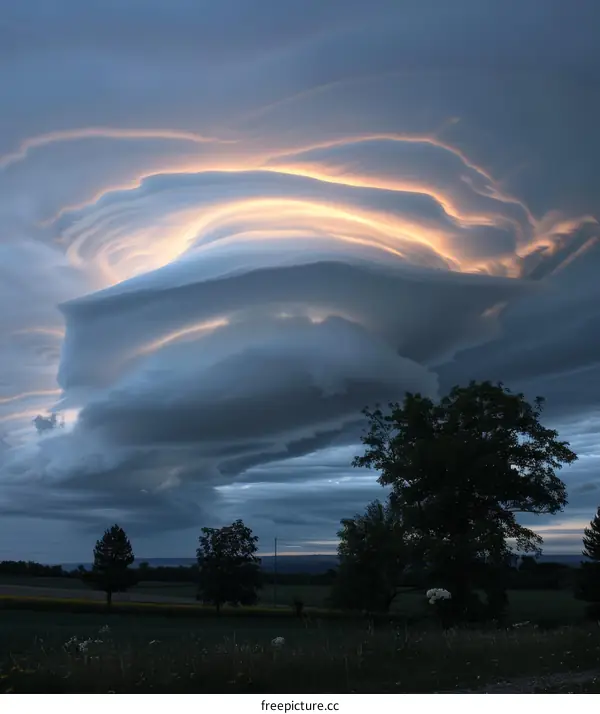 Shelf cloud lit by the setting sun
