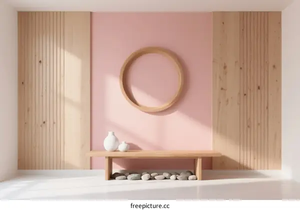 Minimalist Pink Room with Wooden Paneling and Circular Decor