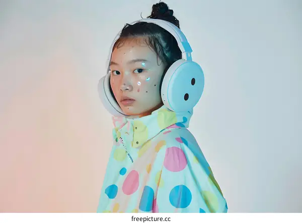 Asian Girl Wearing Polka Dot Jacket with Headphones