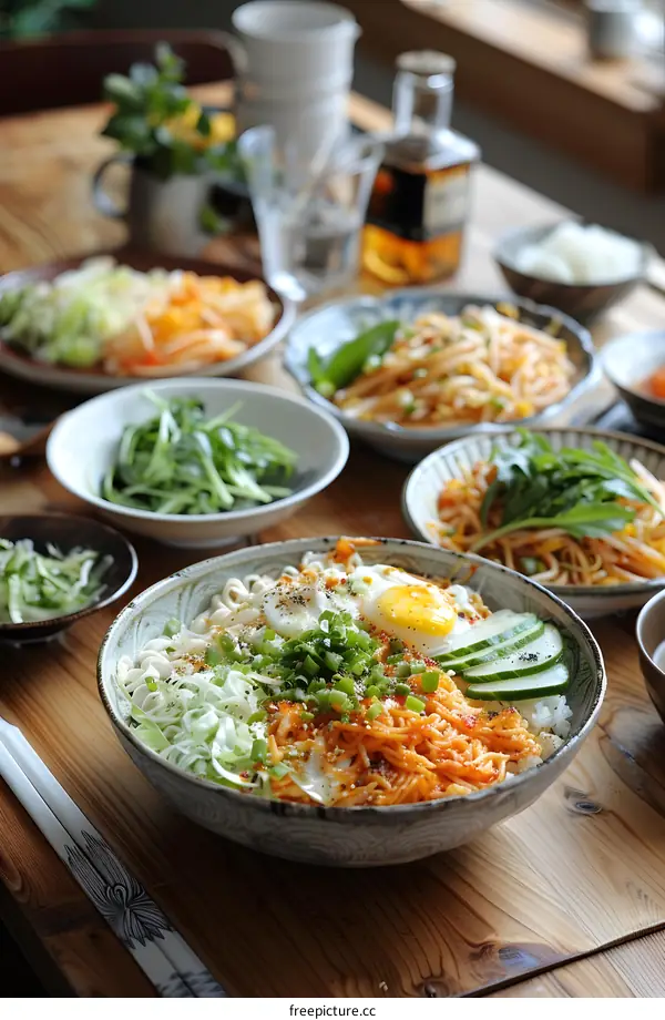 Spicy Korean Noodle Dish with Egg and Cucumber