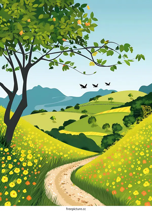 Winding Road Through Green Hills And Yellow Flowers