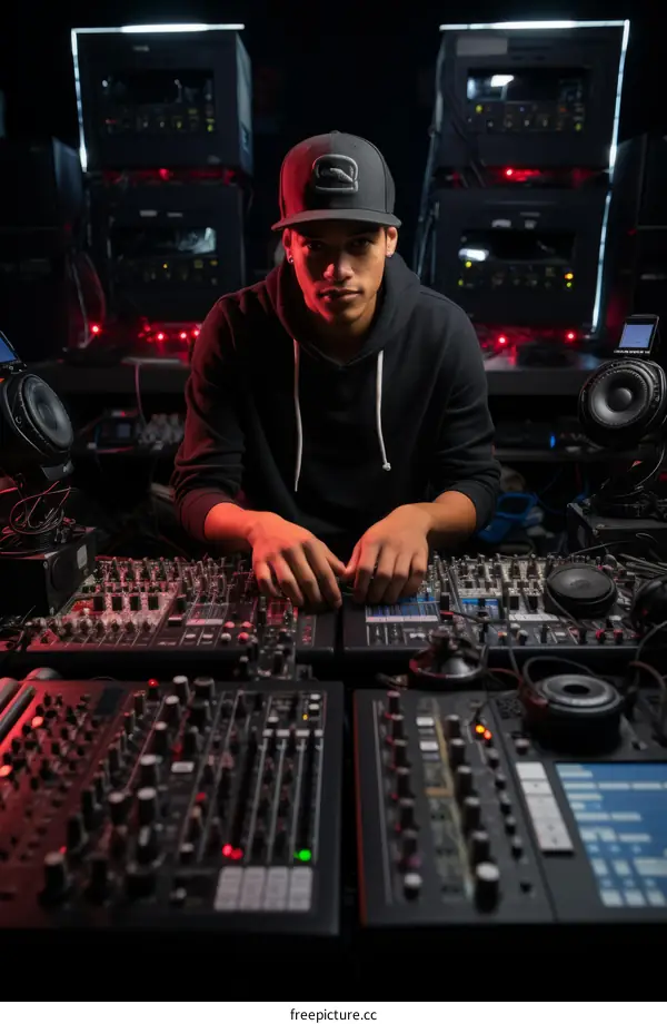 Hispanic male music producer in a recording studio