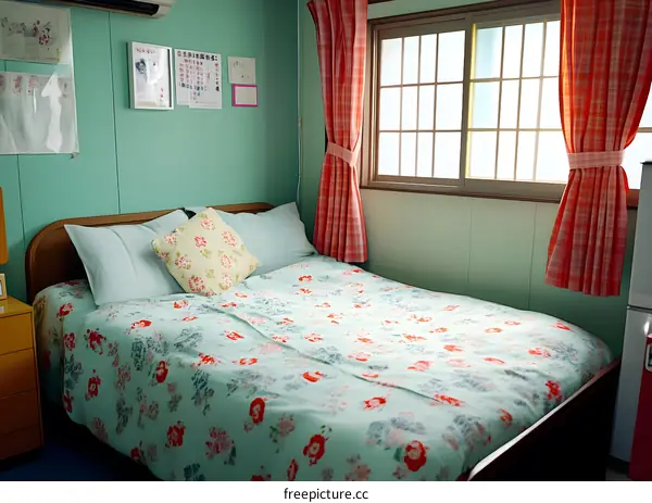 Bedroom With Mint Green Walls and Floral Bedding