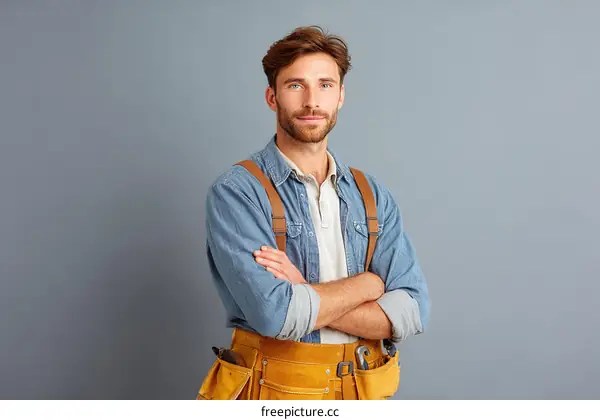 Confident young man in work clothes with tool belt
