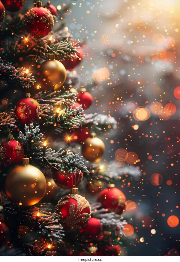 Christmas Tree Decorated with Red and Gold Ornaments