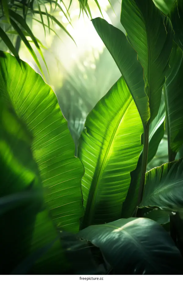 Close-up of lush green banana leaves in a tropical rainforest