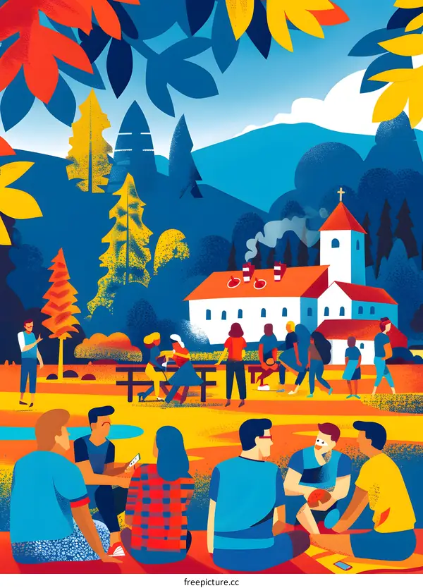 People Gather Around Church for Picnic