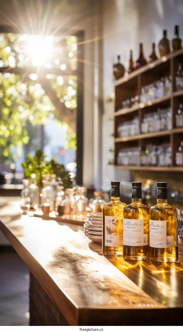 Three bottles of alcohol on a wooden bar counter