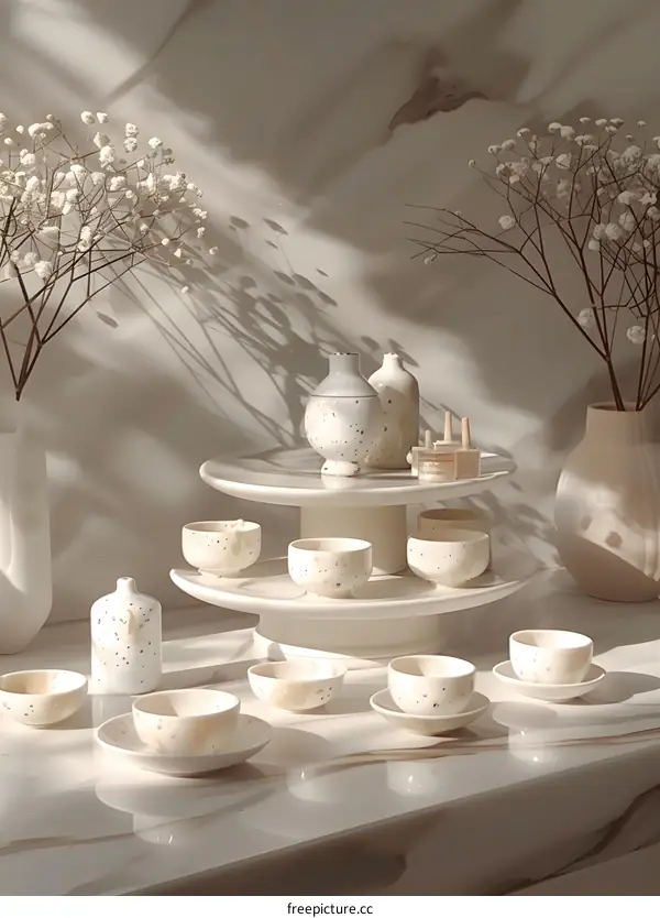 White Ceramic Cups and Vases on a Marble Table