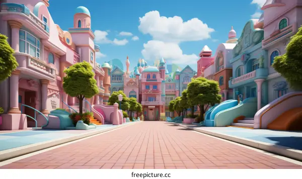 A colorful and whimsical 3D rendering of a street in a cartoon town