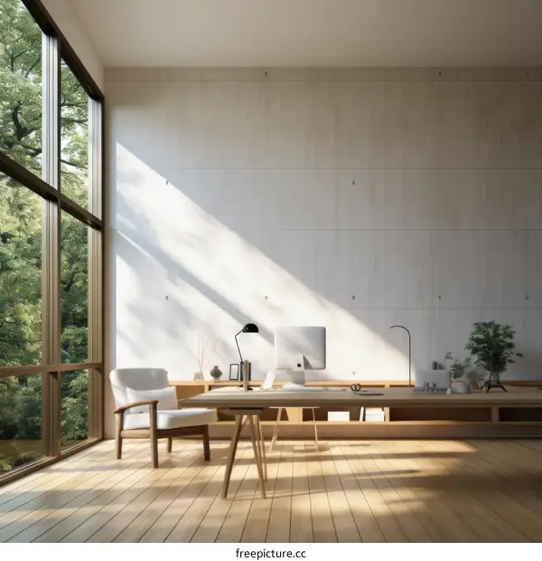 A home office with a large window and a view of the forest