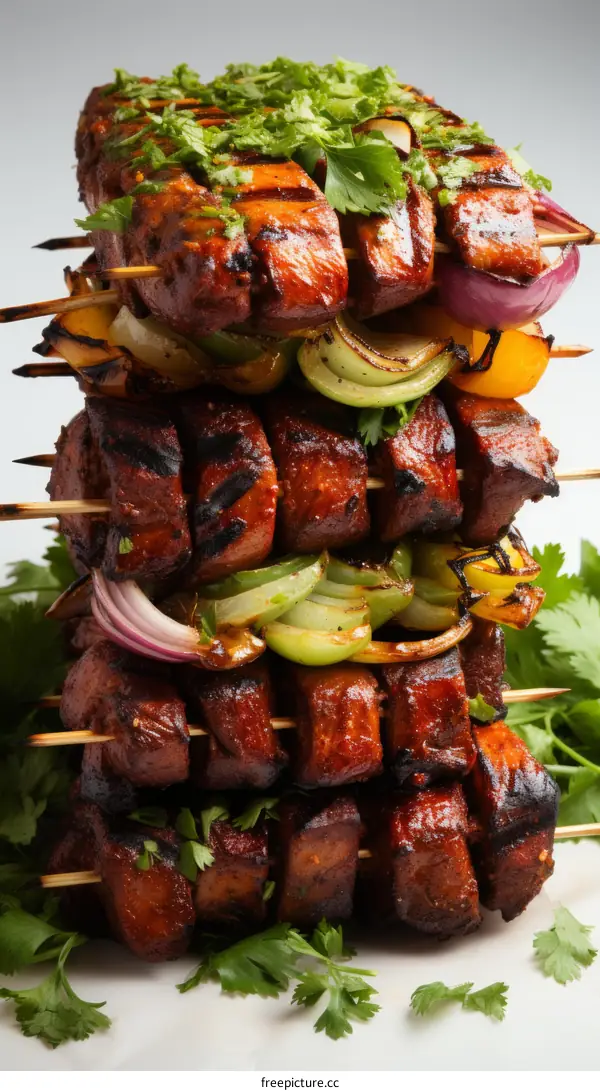 A stack of shish kebabs made of meat and vegetables