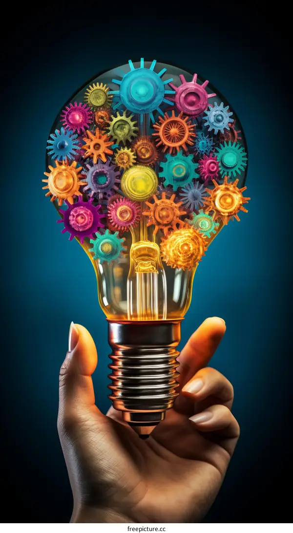Hand holding a light bulb with colorful gears inside