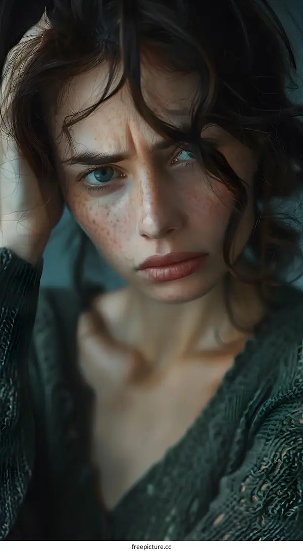 portrait of a young woman with freckles and green eyes