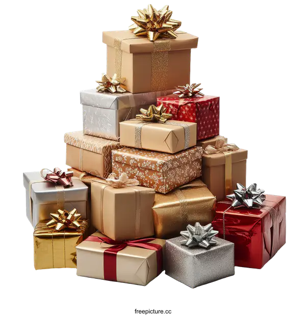 [Transparent Background PNG]A Stack of Beautifully Wrapped Christmas Gifts