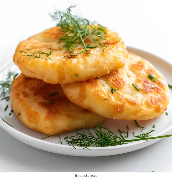 three potato pancakes with dill on a white plate