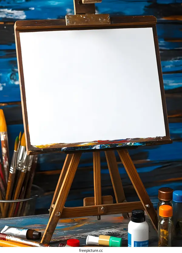 Blank Canvas On Wooden Easel With Paint Brushes And Bottles