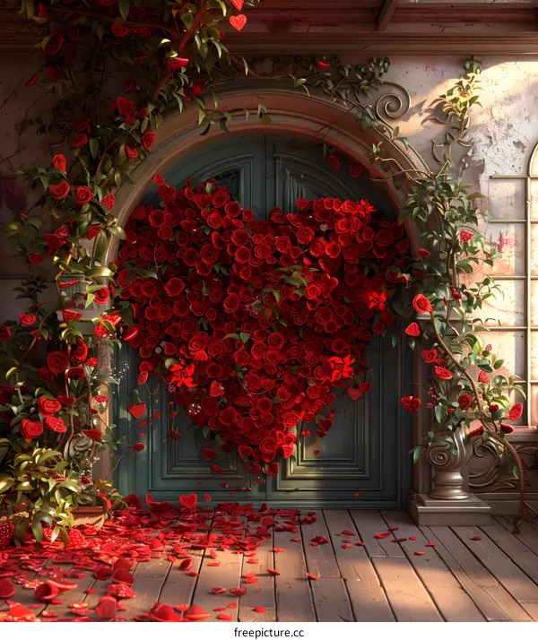 Door decorated with red rose flowers