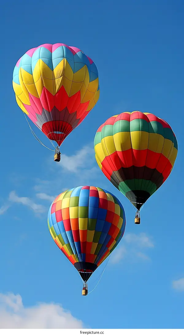 Three Colorful Hot Air Balloons In The Blue Sky