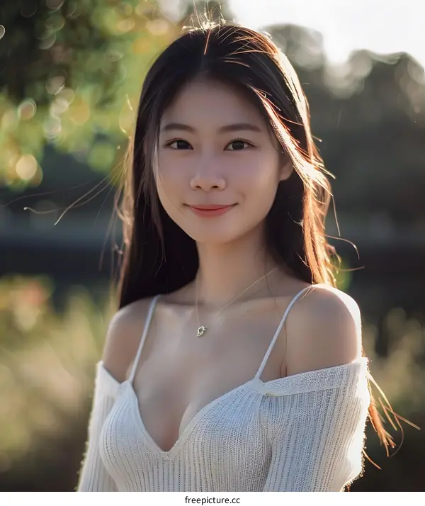 Portrait of a Young Woman with Long Hair Smiling in the Sun