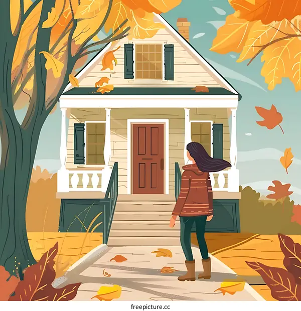 Woman Walking Towards House In Fall