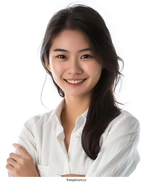 Portrait of a Smiling Asian Woman Wearing a White Shirt