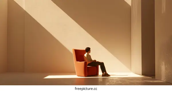 Woman Sitting in a Red Chair with Sunlight Streaming Through a Window